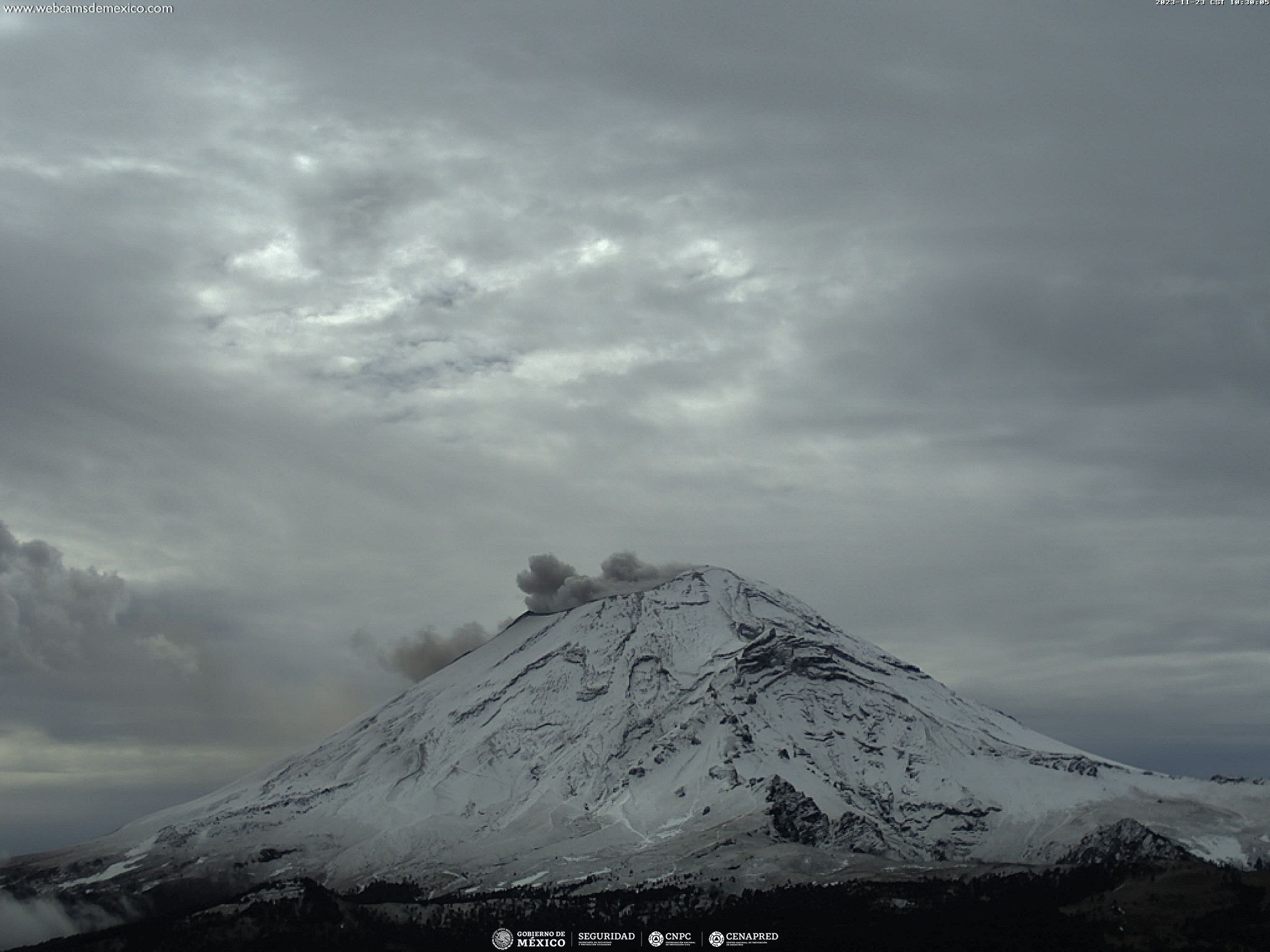Nevada pinta de blanco el Popocatépetl y el Iztaccíhuatl. Foto de Webcams de México